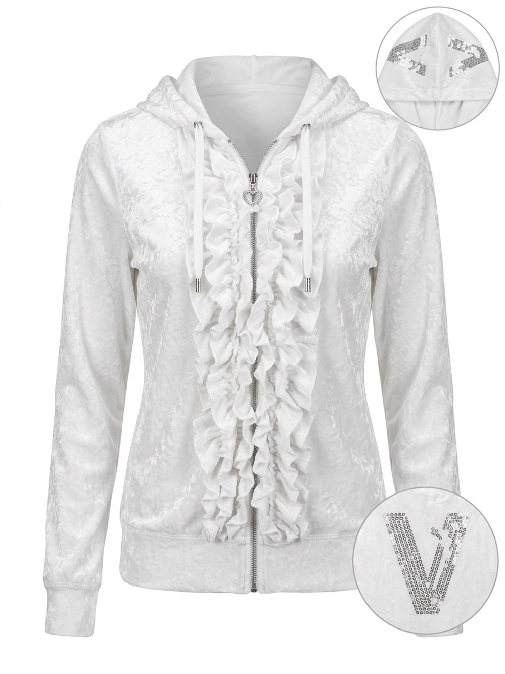 Vertigo Paris White Ruffle Zip Hoodie Sz L Fits Like SMALL